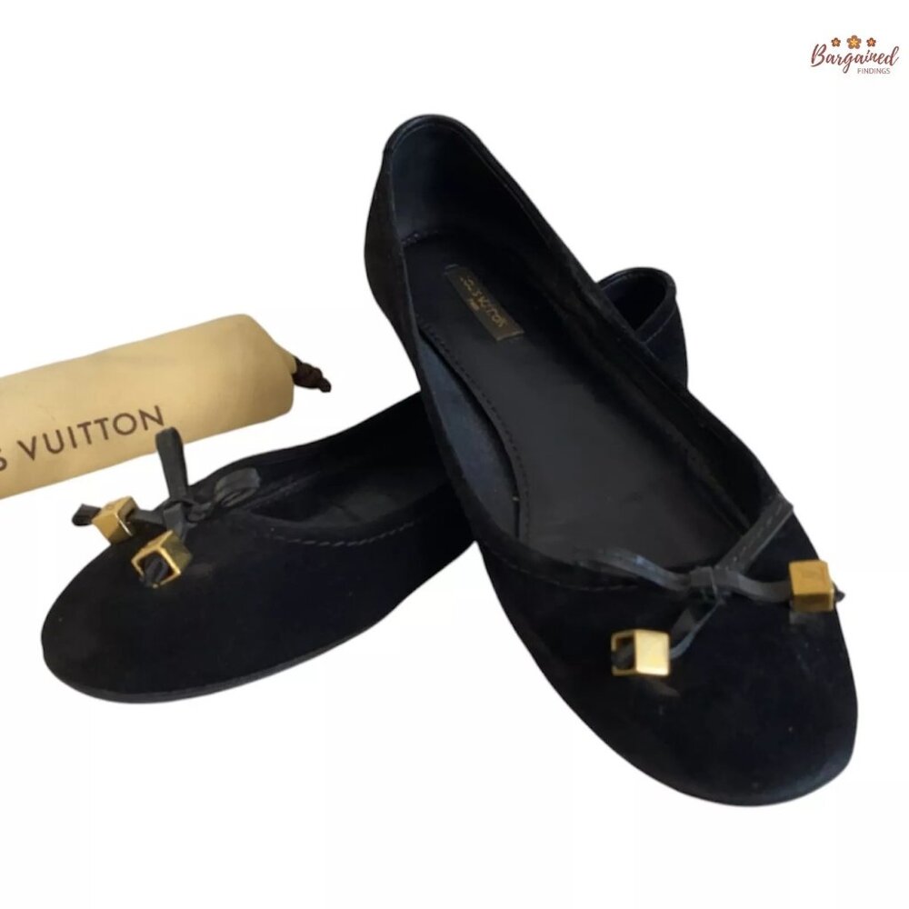 Authentic Louis Vuitton Suede Leather Gold LV Bow Scrunch Ballet Flats 37.5/7.5
